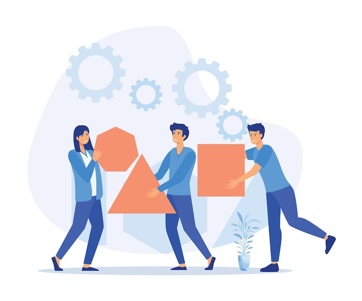 Vector teamwork cooperation office employees group set up huge separated puzzle pieces together