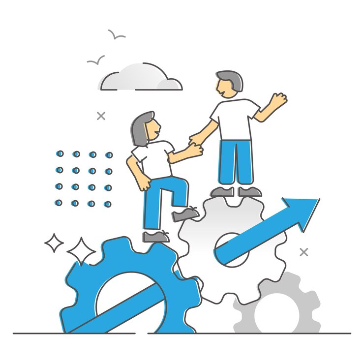 Teamwork effective assistance and collaboration monocolor outline concept. Business together with partnership cooperation, help or coworking to reach same project goals and targets vector illustration