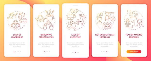 Teamwork failing causes red gradient onboarding mobile app screen Crisis walkthrough 5 steps graphic instructions pages with linear concepts UI UX GUI template Myriad ProBold Regular fonts used