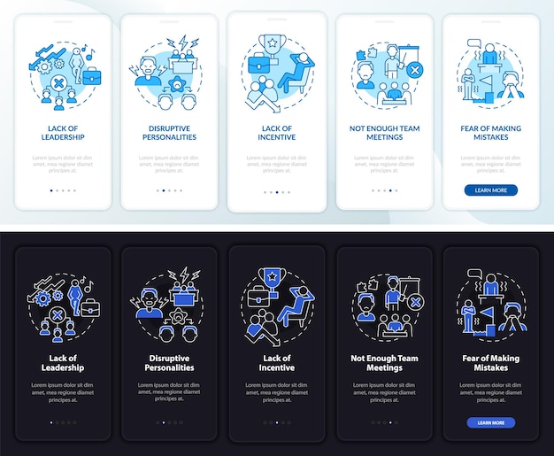 Schermata dell'app mobile integrata in modalità notte e giorno che fallisce il lavoro di squadra. guida ai problemi 5 passaggi pagine di istruzioni grafiche con concetti lineari. ui, ux, modello gui. miriadi di caratteri pro-bold, normali utilizzati