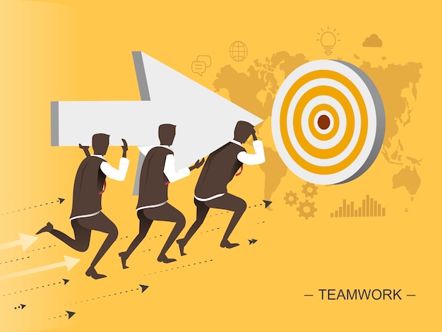 Teamwork flat design illustration men moving toward the target