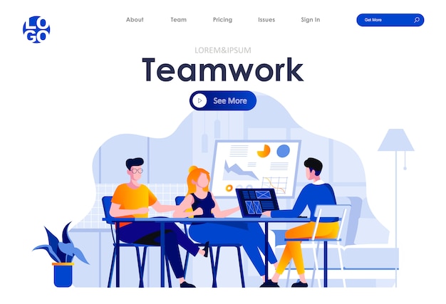 Vector teamwork flat landing page design web template