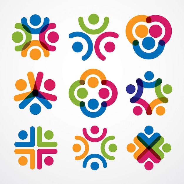 Teamwork and friendship concepts created with simple geometric elements as a people crew. Vector icons or logos set. Unity and collaboration ideas, dream team of business people colorful designs.