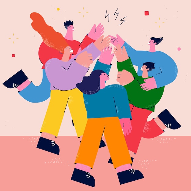 Teamwork friendship group of people giving high five flat vector illustration