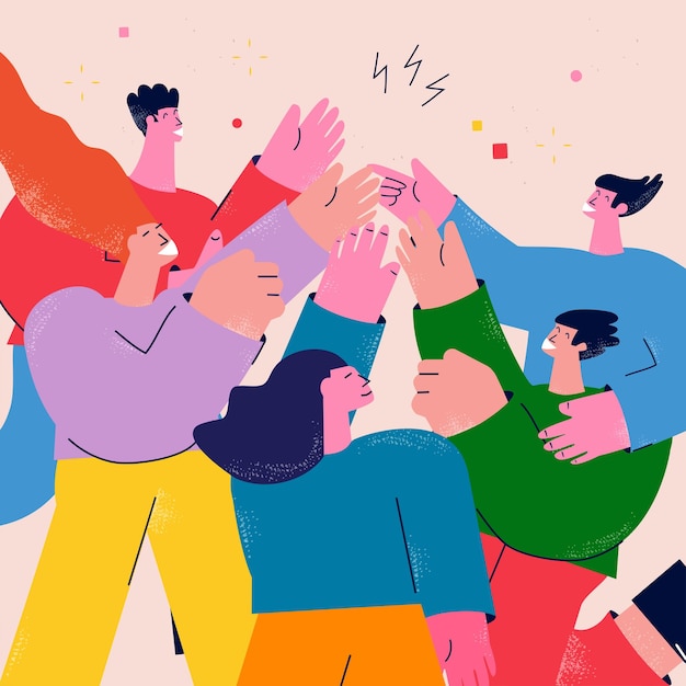 Teamwork friendship group of people giving high five flat vector illustration