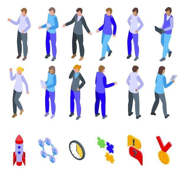 Teamwork icons set isometric vector Success team Computer person