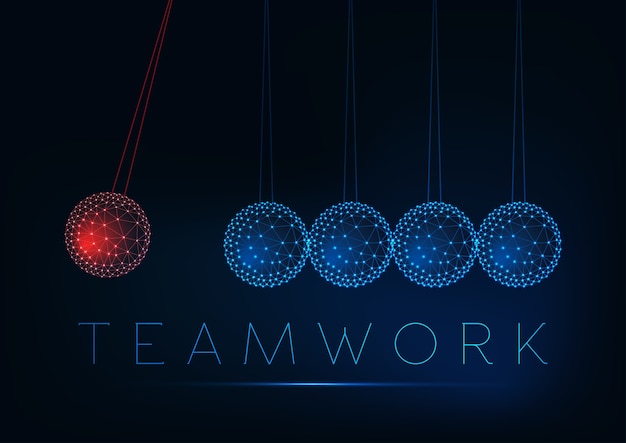 Vector teamwork and individual work concept with glowing low polygonal newton cradle.