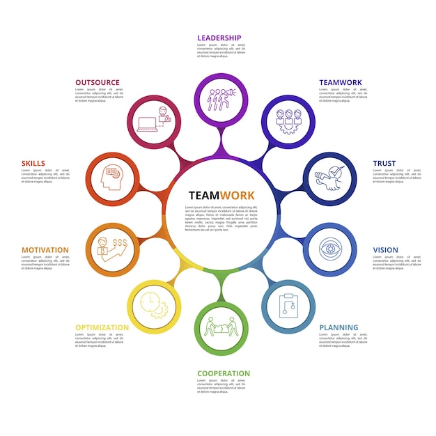 Icone del modello di infografica del lavoro di squadra in diversi colori