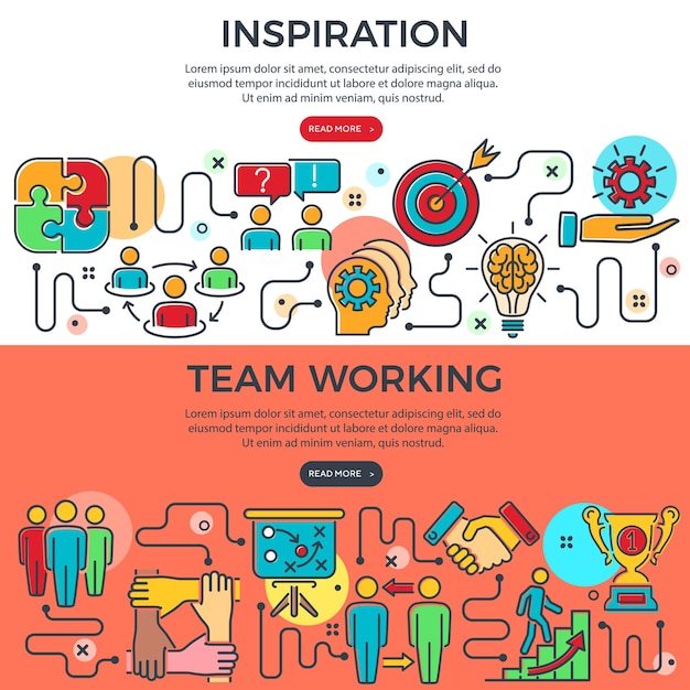 Teamwork and inspiration horizontal banners with colored line icons team, goal, inspiration and career. process infographics. concept team work. vector illustration