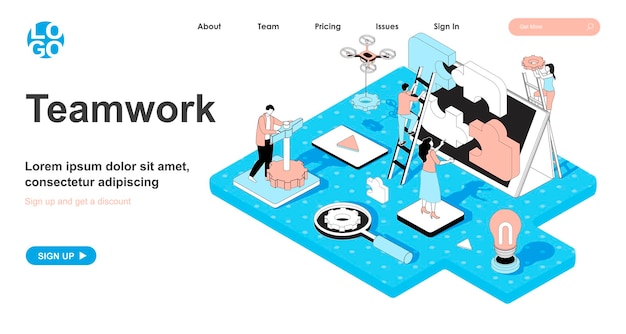 방문 페이지를 위한 3d 디자인의 팀워크 아이소메트릭 개념