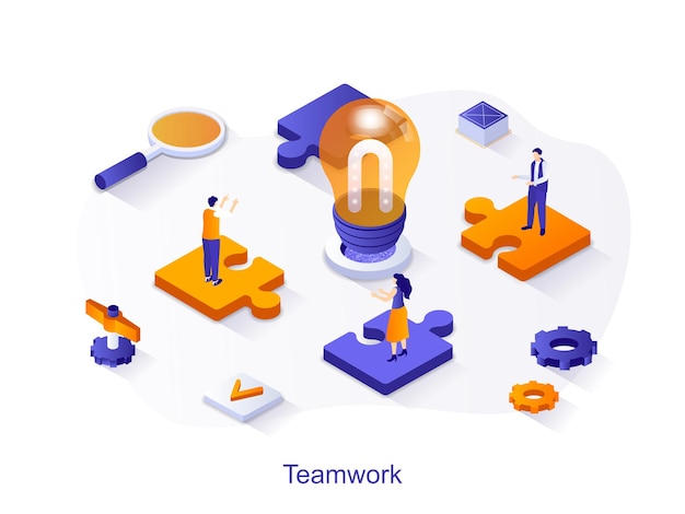 Vector teamwork isometric web concept people work together generate ideas brainstorm success