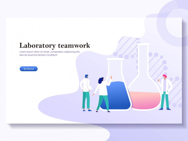 Vector teamwork laboratory research with science glass est tube illustration concept, people por chemiceal liquid
