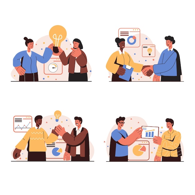 Teamwork mensen concept geïsoleerde scènes instellen. Mannen en vrouwen werken samen op kantoor, ontwikkelen zaken, bespreken financiële analyses, genereren ideeën, brainstormen. Vectorillustratie in plat ontwerp