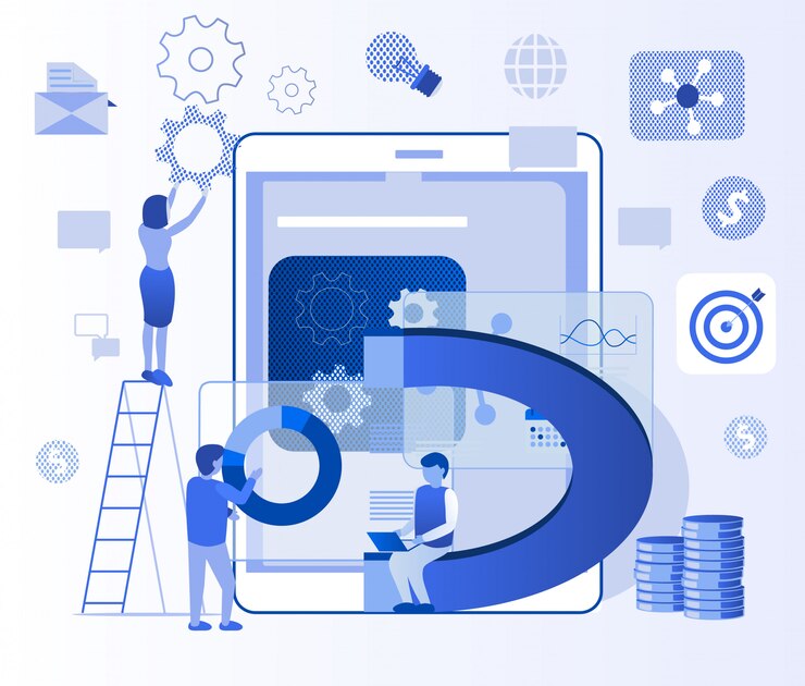 Vector teamwork mobile app creation process flat banner