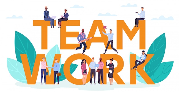 Concetto di motivazione del lavoro di squadra. riuscito gruppo di affari creativi che lavora insieme, illustrazione di concetto dell'iscrizione di cooperazione di lavoro di squadra. motivazione del lavoro di squadra, comunicazione del team di successo