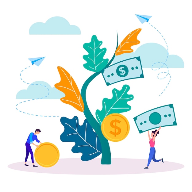 Teamwork online business money tree vector illustration