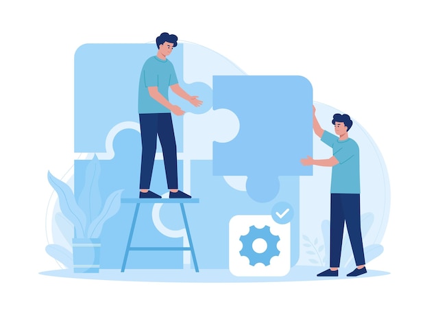 Teamwork partnership puzzle structuring concept flat illustration