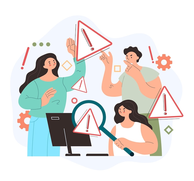 Вектор коллективная работа людей персонажей, ищущих системную ошибку 404, предупреждение о работе веб-страницы