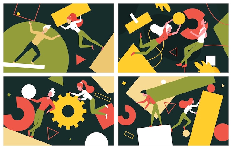Vector teamwork of people organize abstract geometric figures set partners holding circles