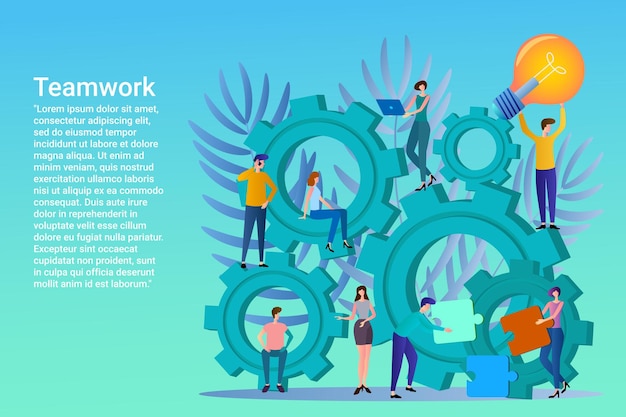 ベクトル チームワーク 共同活動のシンボルとして電球とパズルを持つ人々 ビジネス スタイルのポスター