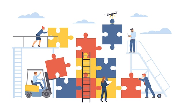 Vector teamwork process office people assemble big puzzle together effective interaction productivity coordinated employees work working collaboration in common business vector cartoon isolated concept