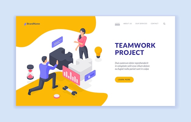 Vector teamwork project landing page banner template