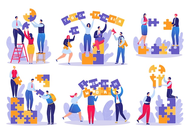 Teamwork puzzle in business set of  illustrations. businesspeople joining puzzle pieces. successful strategy in team. cooperation and corporate solutions, creative partnership.