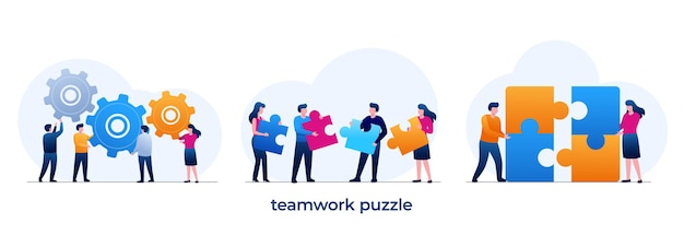 La partnership di puzzle di lavoro di squadra collega la collaborazione il partner di brainstorming collabora con l'illustrazione piatta del vettore