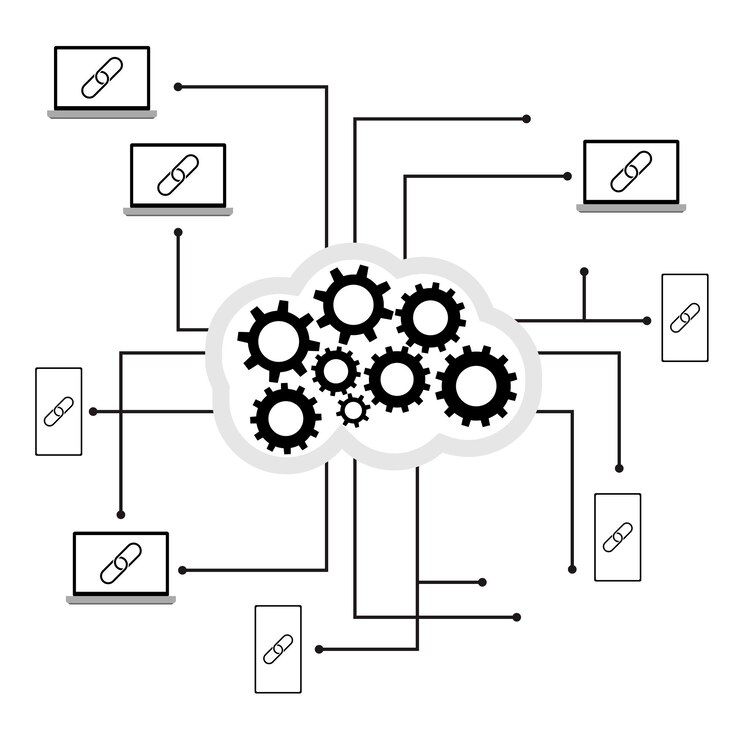 Vector teamwork remotely from smartphone or laptop in cloud cowork and team connected