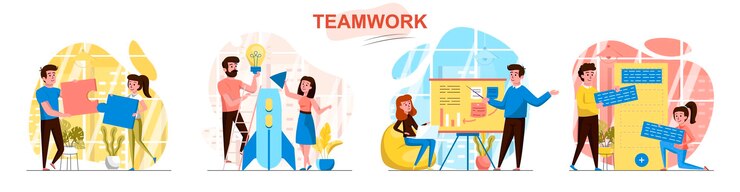 Vector teamwork scenes set in flat style