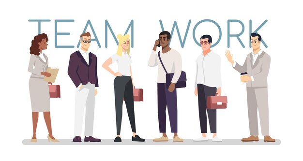 Vector teamwork skills flat vector banner template. multiracial businessmen, colleagues, partners cooperation cartoon characters. office workers, employees holding suitcases, talking on mobile phone