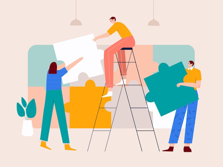 Vector teamwork solving puzzle problem illustration