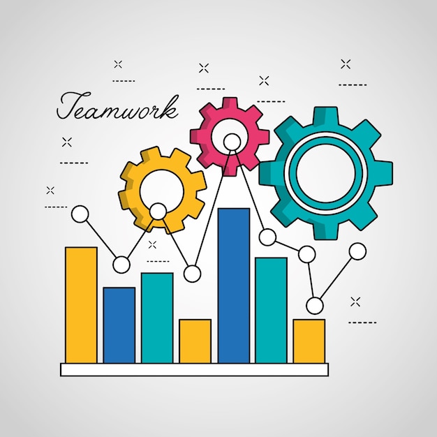 Teamwork statistics graph bar pointed line connection gears