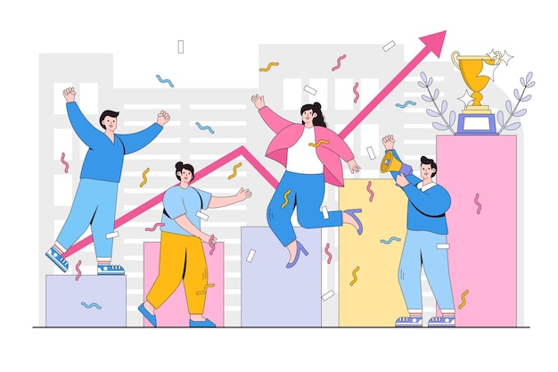 Teamwork success concept with employee character Outline design style minimal vector illustration for landing page web banner infographics hero images