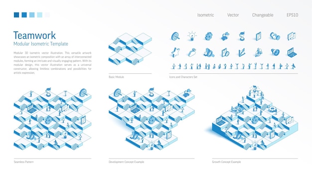 Teamwork success office work communication modular isometric constructor seamless pattern base line icon character set develop growth up stairs concept cooperation platform business infograph