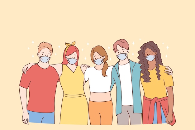 Teamwork, support, multiracial group concept. young people mixed race friends in protective face masks or creative colleagues standing and hugging each other during pandemic times