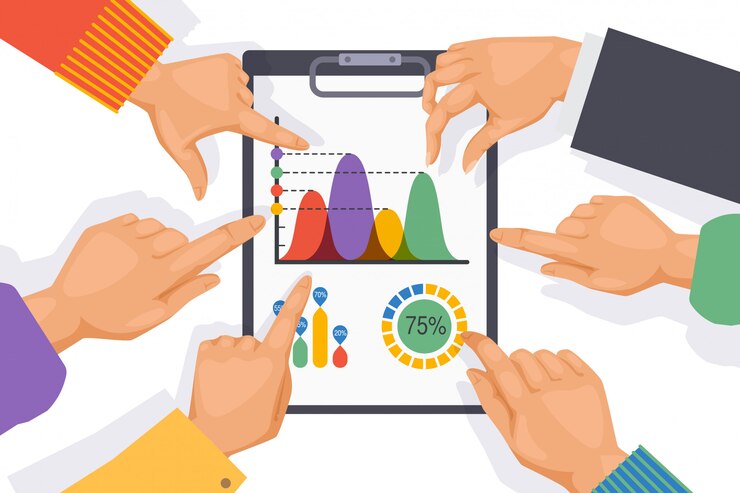 Vector teamwork table elements, employee hand on graph  illustration. company group businessmen working on common project