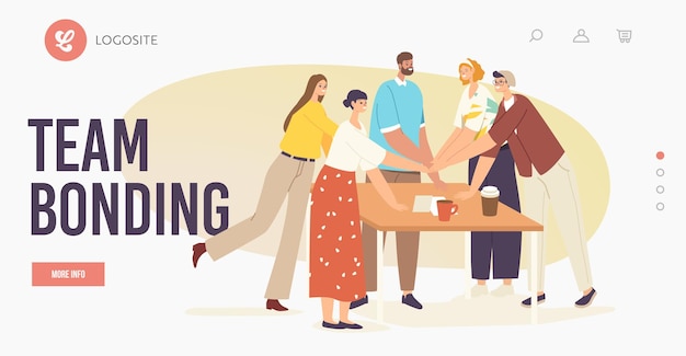Teamwork, team bonding landing page template. office colleagues\
character connecting hands around of desk. successful business deal\
or contract signing, support. cartoon people vector\
illustration