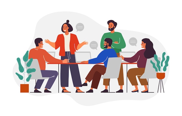 Teamwork or team building, office business meeting vector. Conference and brainstorming, annual report and statistics graphics, discussion and planning in flat style