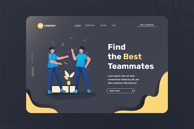 ベクトル ランディングページのダークモードテンプレートのチームワークチームメイトのイラスト