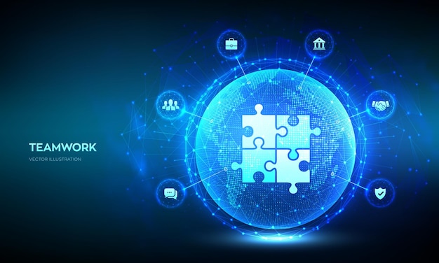 Concetto di tecnologia del lavoro di squadra business partnership rete di cooperazione globale comunicazione internet puzzle elementi del team composizione della linea del punto della mappa del mondo pianeta terra globo illustrazione vettoriale