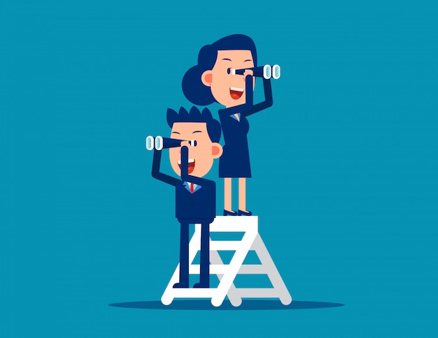 Vector teamwork and telescope. stage of work concept. vector style