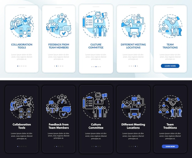 Teamwork tips night and day mode onboarding mobile app screen. Success walkthrough 5 steps graphic instructions pages with linear concepts. UI, UX, GUI template. Myriad Pro-Bold, Regular fonts used