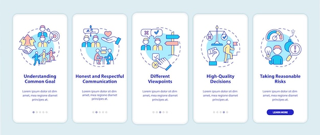 Teamwork tips onboarding mobiele app scherm. succesvol bedrijfswerk doorloopt 5 stappen grafische instructiepagina's met lineaire concepten. ui, ux, gui-sjabloon. myriad pro-bold, reguliere lettertypen gebruikt