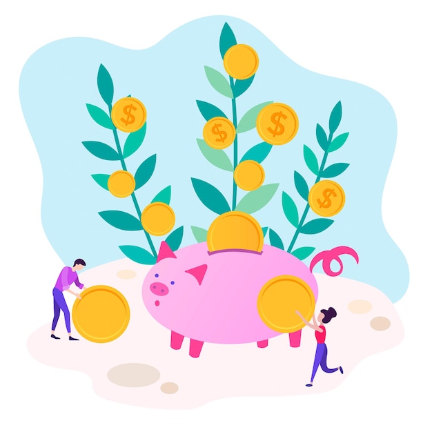 Teamwork varken als spaarpot inkomen groei geld spruiten concept vectorillustratie