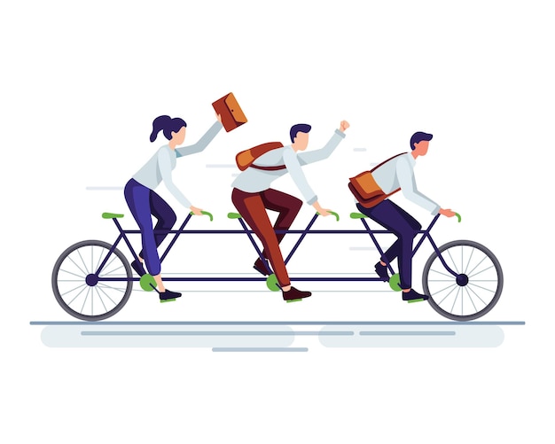 Vector teamwork vector illustration. business people riding a bike, people in a team on tandem bike moving towards to achieve common goals. vector in a flat style