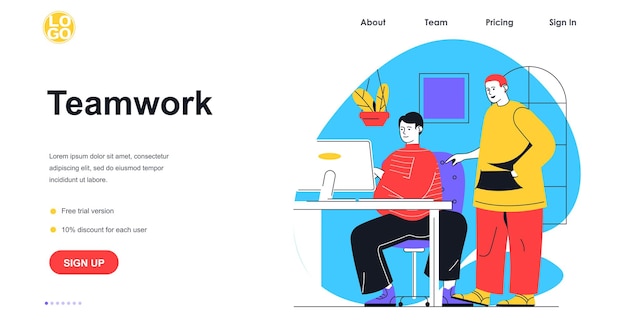 Teamwork web banner concept. Men colleagues working at office and discussing tasks, business collaboration and brainstorming landing page template. Vector illustration with people scene in flat design