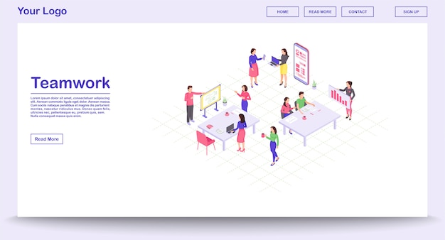 Vector teamwork webpage template with isometric illustration