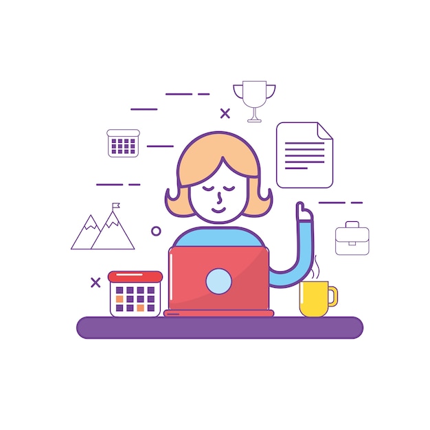 Vector teamwork and woman with laptop media technology