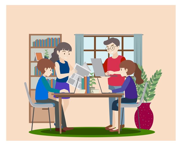 노트북 평면 디자인 터 일러스트를 사용하여 팀워크 작업